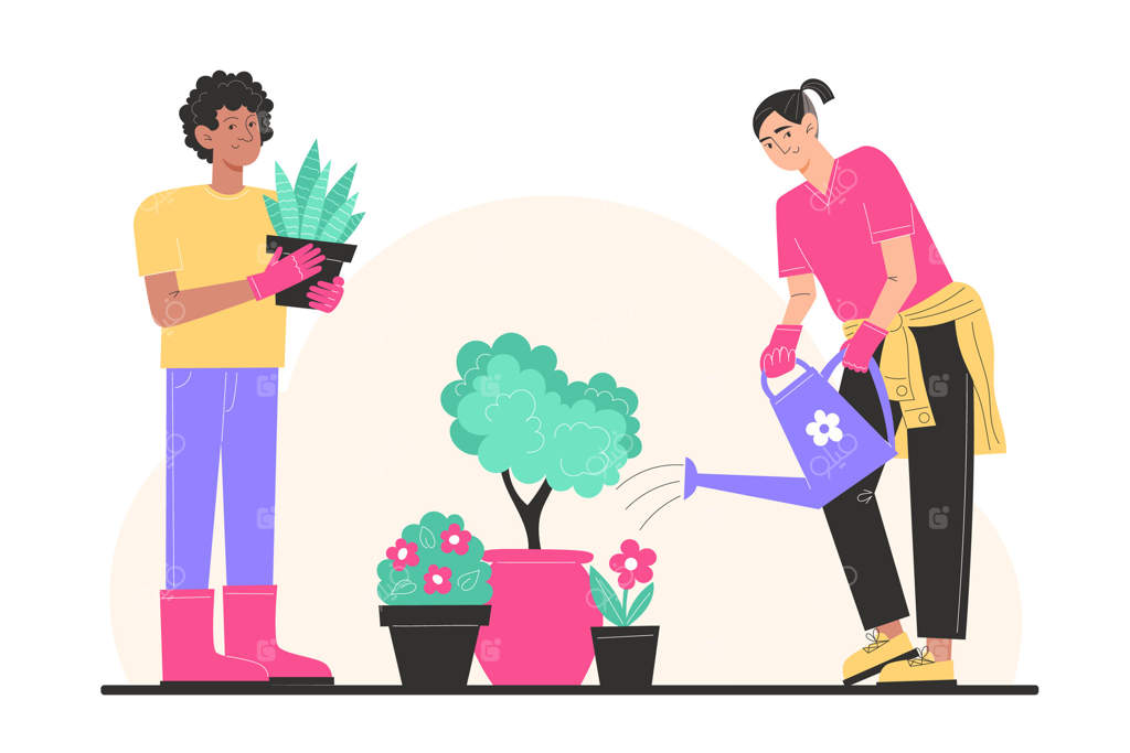 مردم از باغ مراقبت می‌کنند، مردان به گل‌های خانه آب می‌دهند