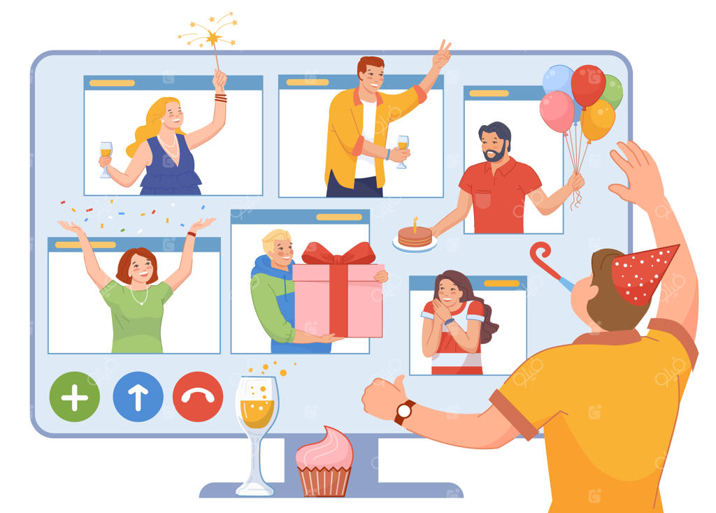 مهمانی تولد آنلاین: جشن مجازی با دوستان شاد و تبریک دیجیتال سالگرد از طریق تماس ویدیویی در کامپیوتر، همراه با تصویر برداری شیک و سرگرم‌کننده