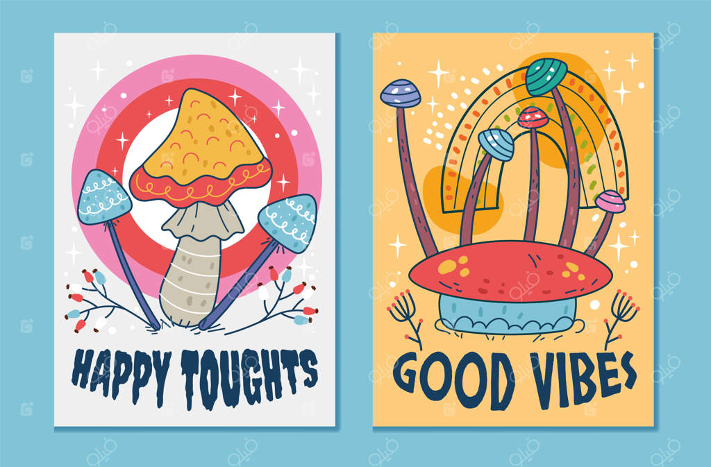 کارت‌های قالب طرح‌های گرافیکی تخت قارچ‌های روان‌گردان هیپی توهم‌آور