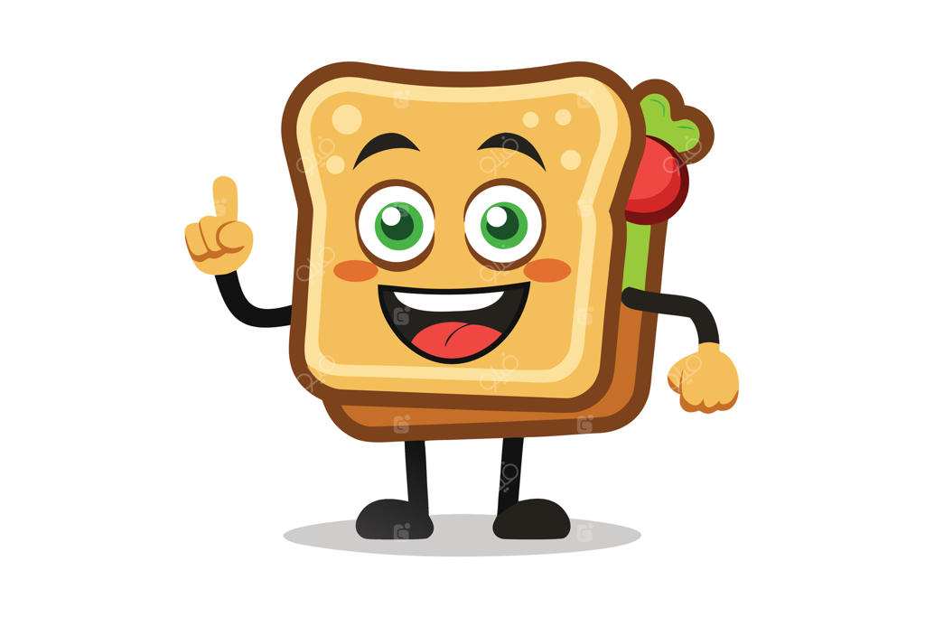 شخصیت کارتونی ساندویچ خندان در حال اشاره؛ تصویرسازی ماسکوت غذا برای کودکان
