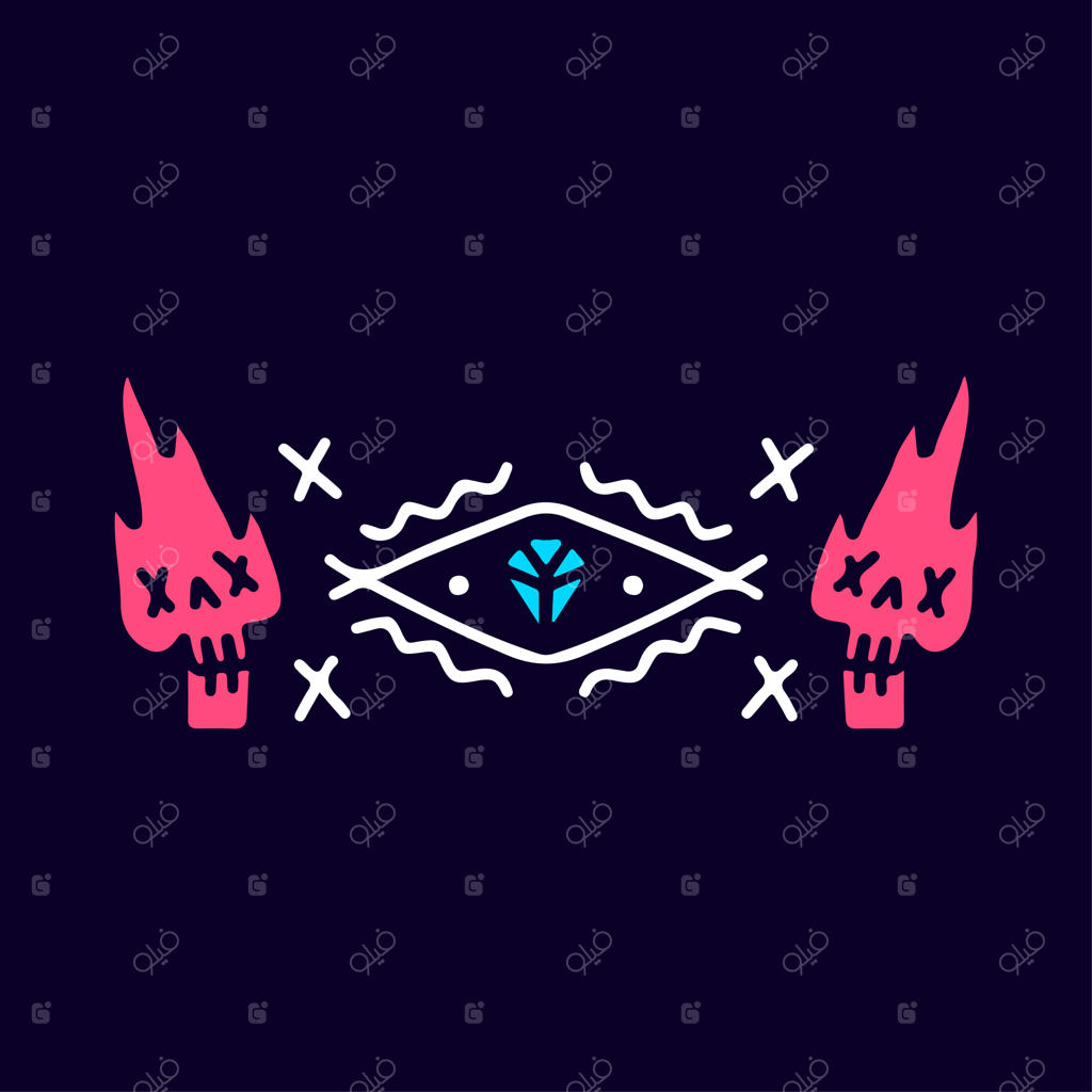 کاریکاتور جمجمه‌های شعله‌ور انتزاعی، تصویرسازی برای تی‌شرت، استیکر یا لباس.