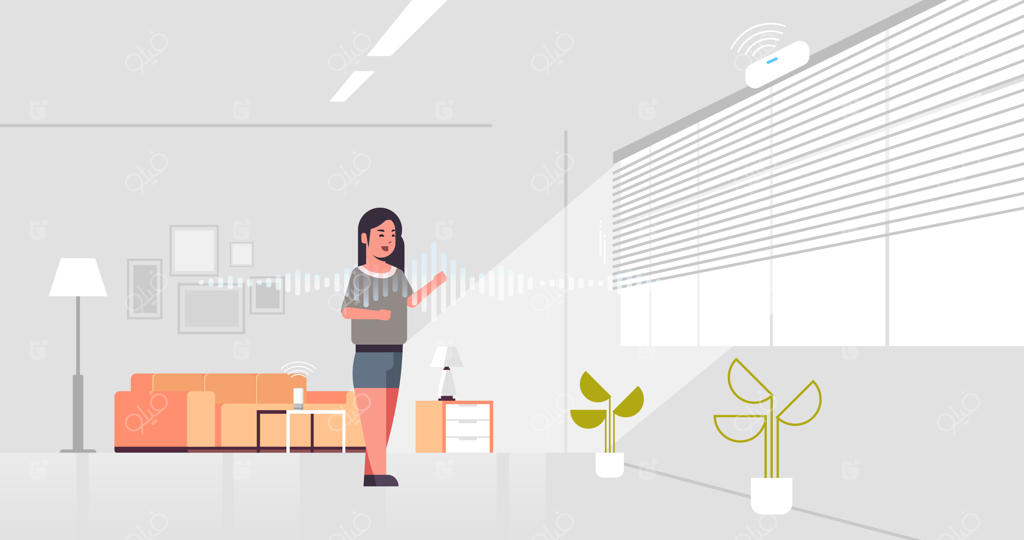 زنی در حال استفاده از دستیار صوتی هوشمند با اسپیکر دیجیتال فعال‌شده توسط صدا