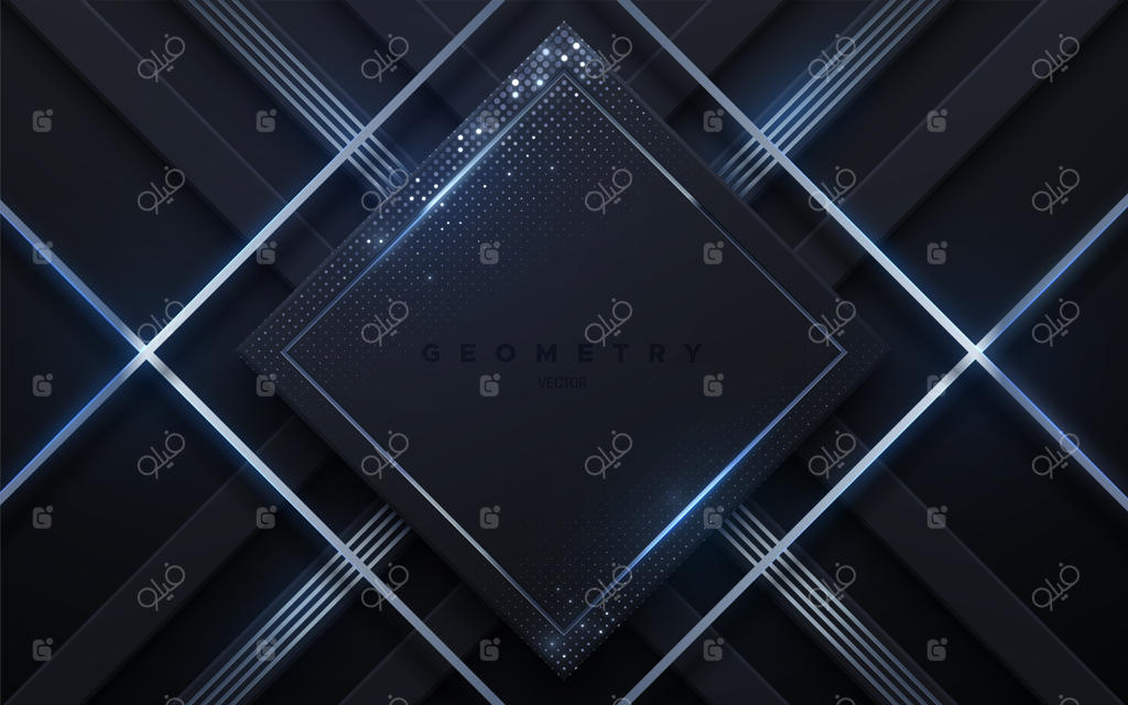 پس‌زمینه سیاه انتزاعی با نوارهای نقره‌ای درخشان و زرق و برق‌های شفاف