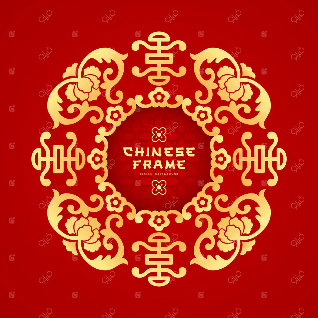 طرح کارت تبریک با قاب چینی وکتور به سبک دایره طلایی روی پس‌زمینه قرمز - تصویر سازی