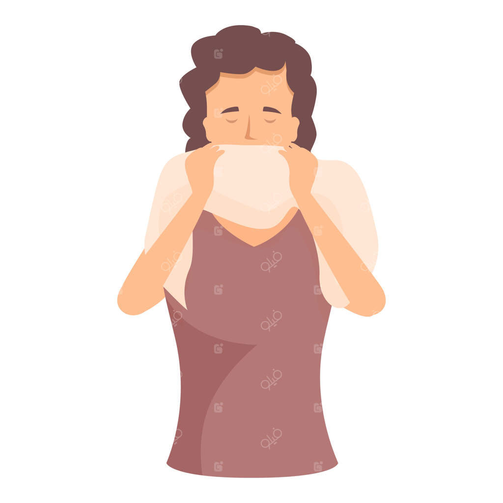 تصویر زنی بیمار در حال پوشاندن صورت با دستمال، فصل آنفولانزا