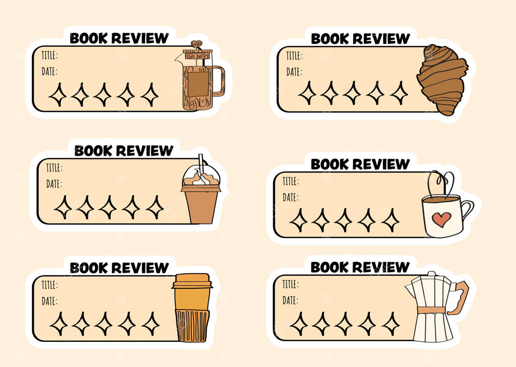 مجموعه‌ای از برچسب‌های نقد کتاب با موضوع قهوه.