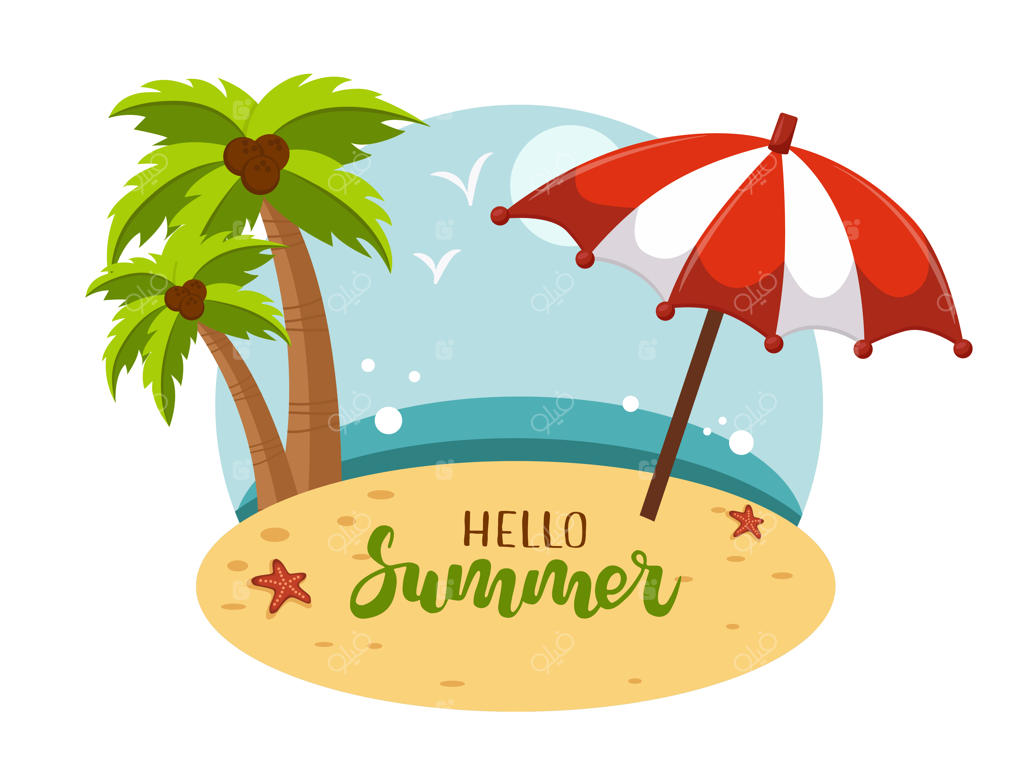 پس‌زمینه کارتونی ساحل تابستانی با ستاره‌های دریایی و نخل‌ها و نوشته دست‌نویس "سلام تابستان"
