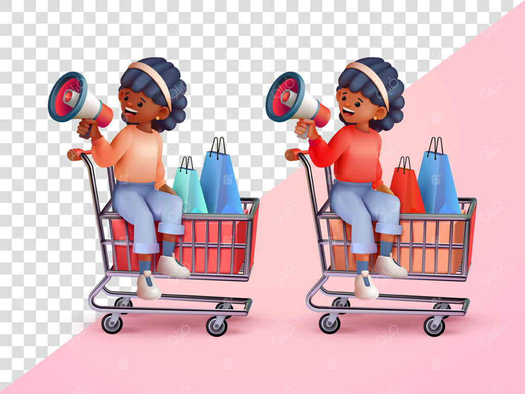 نشستن زن روی چرخ دستی و در دست داشتن بلندگو. سه‌بعدی مناسب برای تبلیغات و عناصر طراحی