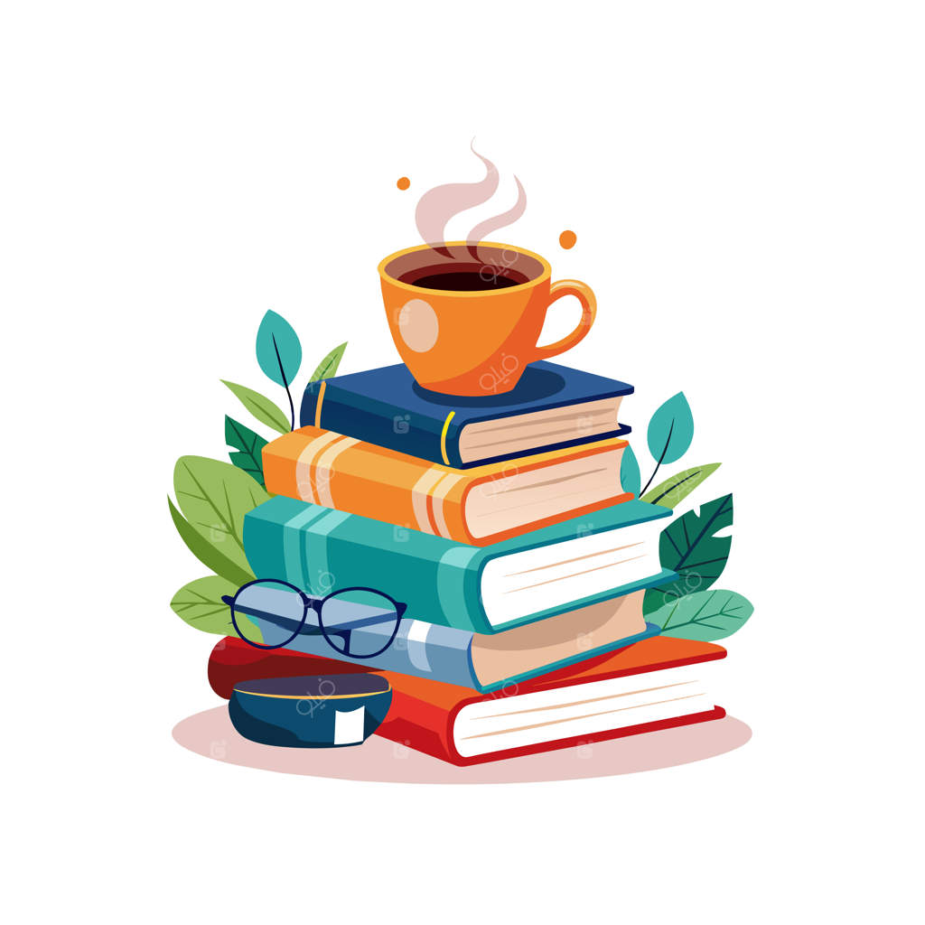 یک دسته کتاب با یک فنجان قهوه و یک فنجان دیگر قهوه