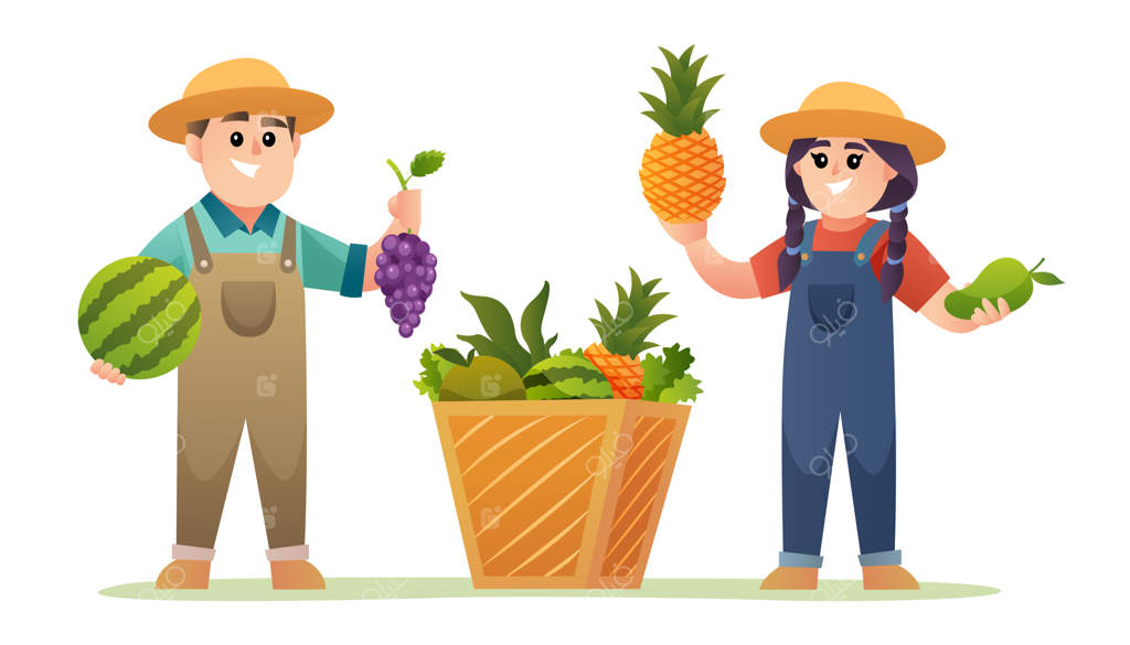 تصویر کشاورز پسر و دختر بامزه با سبد میوه‌ها