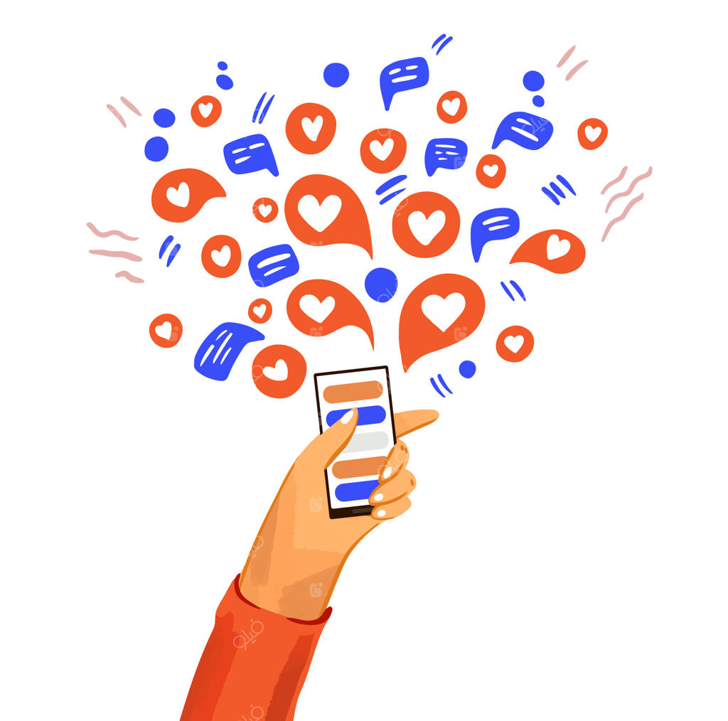 تصویرسازی کارتونی دست و موبایل؛ چت آنلاین، نمادهای لایک و پیام، تعاملات اجتماعی و ارتباطی شاد و دوستانه