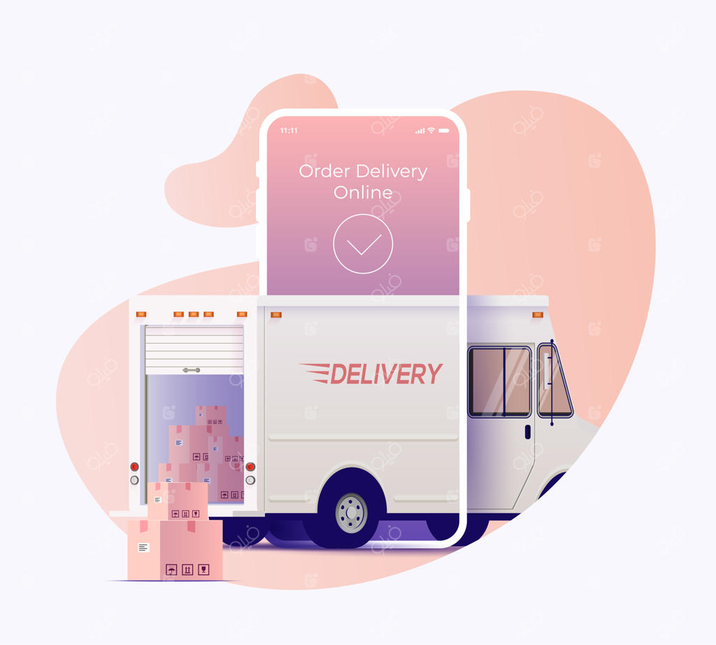 هواپیمای اژانس تحویل باز در نمایشگر تلفن هوشمند: طراحی بنر خدمات سفارش و پیگیری آنلاین کالاها. Иллюстрация.