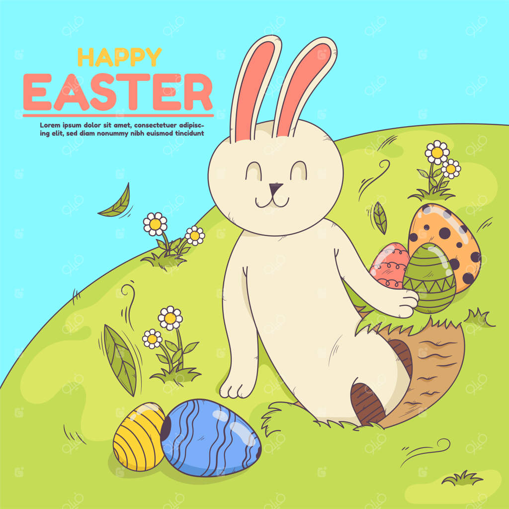 نقاشی دستی خرگوش با حفره در چمنزار و وکتور تخم مرغ عید پاک