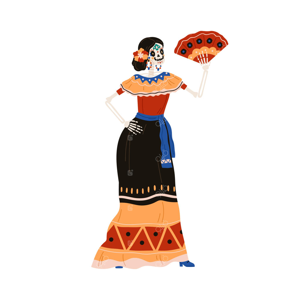 اسکلت کاترینا با بادبزن و لباس گل‌دار. زن در لباس کاترینا گاربانسرا برای جشن روز مردگان مکزیکی. تصویرسازی وکتور ساده بر روی زمینه‌ سفید