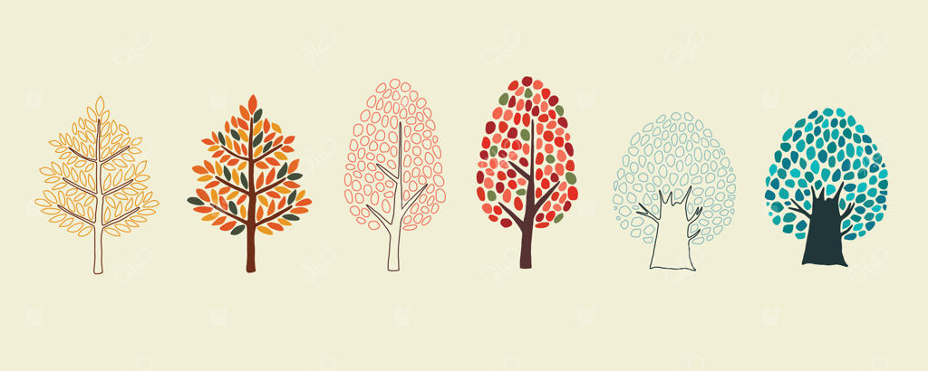 برگ‌های رنگارنگ درختان پاییزی به همراه طراحی خطی - تم پاییزه