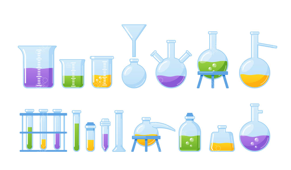 مجموعه‌ای از ظروف آزمایشگاهی بر روی زمینه سفید: لوله مدرج، بشر و ارلن پر از مایعات