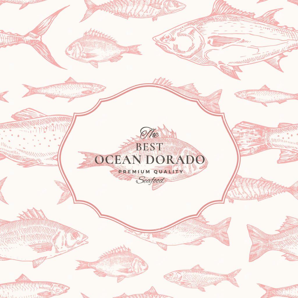 الگوی وکتور بدون درز دست‌کشیده. قالب کارت یا جلد بسته‌بندی ماهی با نشان دورادو. پس‌زمینه‌ای از ماهی‌های شاه‌ماهی، آنچوی، تُن، دورادا، سیباس و سالمون.
