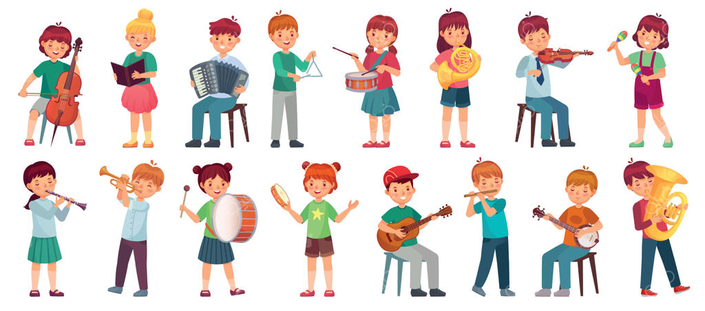 ارکستر کودکان موسیقی می‌نوازند: کودکانی که گیتار یوکلله می‌زنند، دختری که آواز می‌خواند و درام می‌نوازد. مجموعه تصویر‌سازی از کودکان نوازنده با سازهای موسیقی