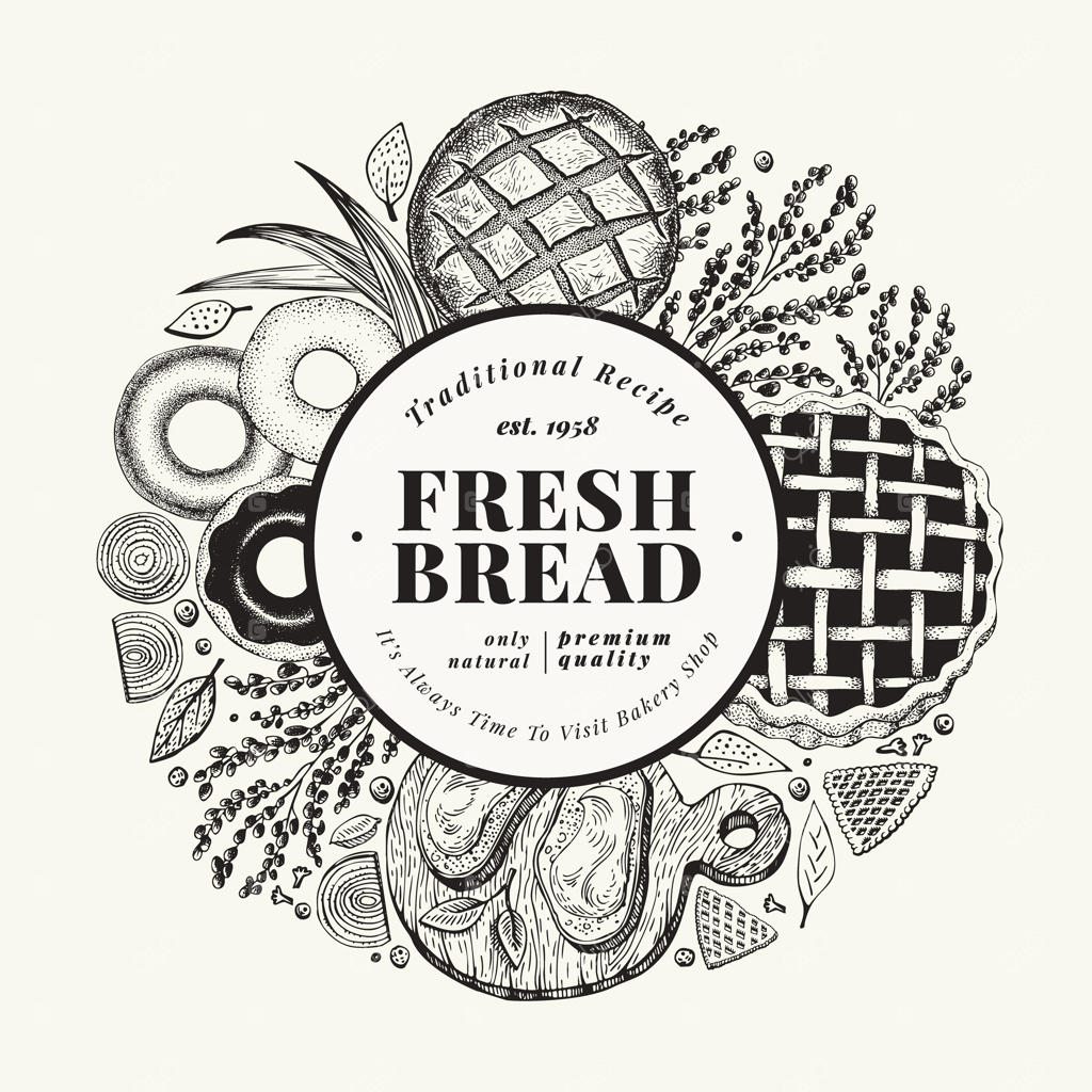 نقاشی دست‌ساز نانوایی: پس‌زمینه‌ای با نان و شیرینی - قالب طراحی کلاسیک برای منو و بسته‌بندی.