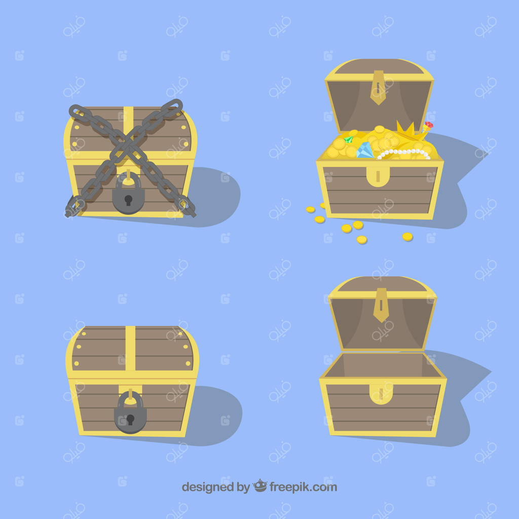 مجموعه‌ای از جعبه‌های گنج باز و بسته با طراحی تخت