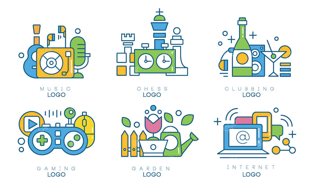 مجموعه قالب‌های لوگوی سرگرمی: موسیقی، شطرنج، کلاب، بازی، باغبانی و برچسب‌های خلاق اینترنتی