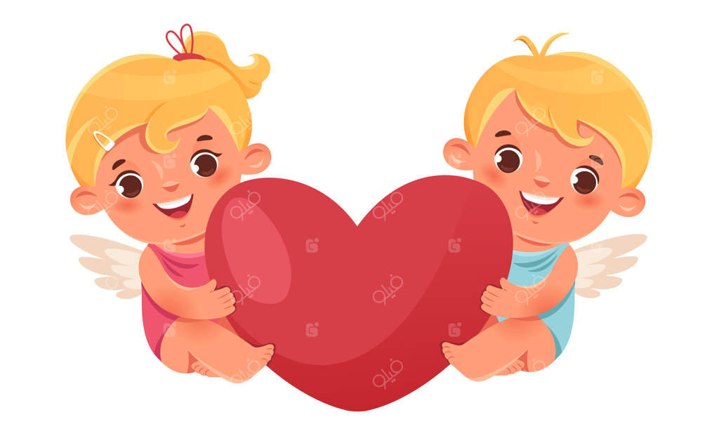 فرشته‌های عشق دوست‌داشتنی: پسر و دختر فرشته با قلب بزرگی در دست. دو کودک جذاب و زیبا، شخصیت‌های رمانتیک وکتوری.