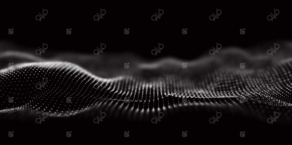 پیش‌زمینه‌ای از ذرات سفید: موج جاری با منظره نقطه‌ای ساختار داده دیجیتال مش مشبک آینده یا شبکه صوتی تجسم پترن نقاط  تصویرسازی فناوری وکتور