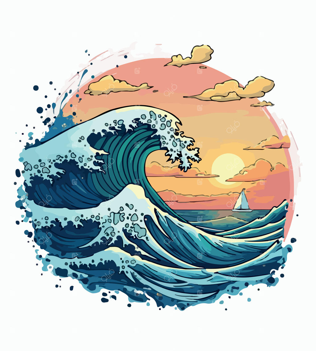 نقاشی موج با قایق بادبانی در پس‌زمینه