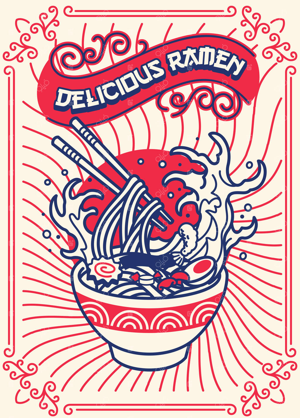 رامن خوشمزه به سبک هنری کلاسیک ژاپنی