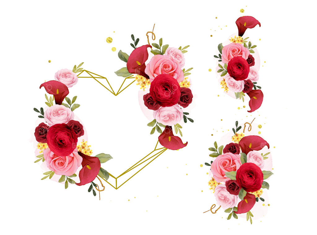 دسته‌گل آبرنگی و حلقه عاشقانه گل‌های رز قرمز، لیلیوم و آنمون