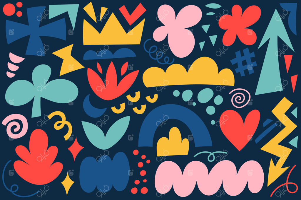 اشکال انتزاعی. طراحی رنگی ارگانیک بر روی پس‌زمینه تیره. مجموعه‌ای مدرن از طرح‌های دست‌کشیده. خط‌خطی‌ها و اشکال بامزه. مجموعه‌ای شیک و قدیمی از گل‌ها و پیکان‌ها. اشکال ساده و سرگرم‌کننده