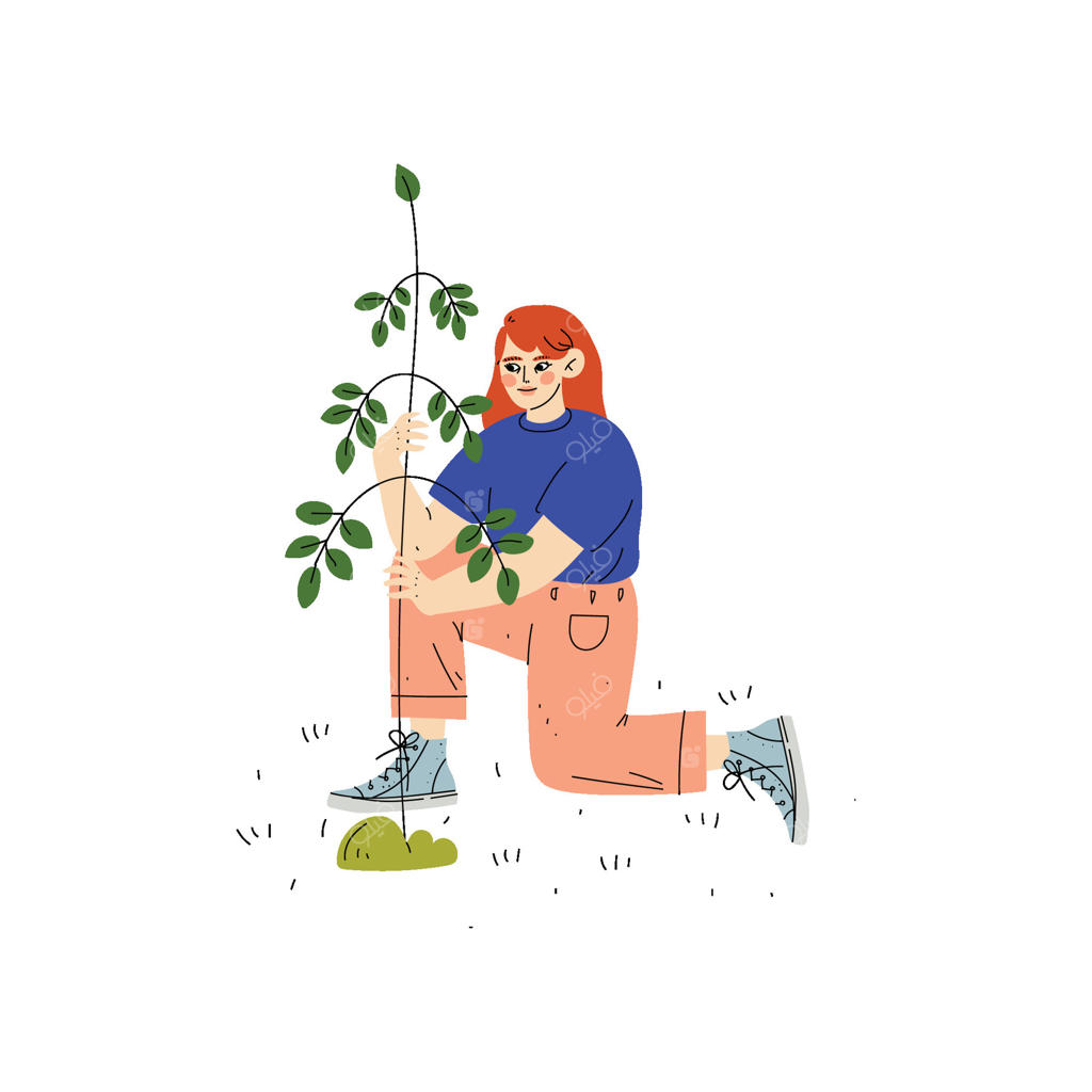 دختر در حال کاشتن درخت، پسر در حال کار در باغ یا مزرعه - تصویرسازی