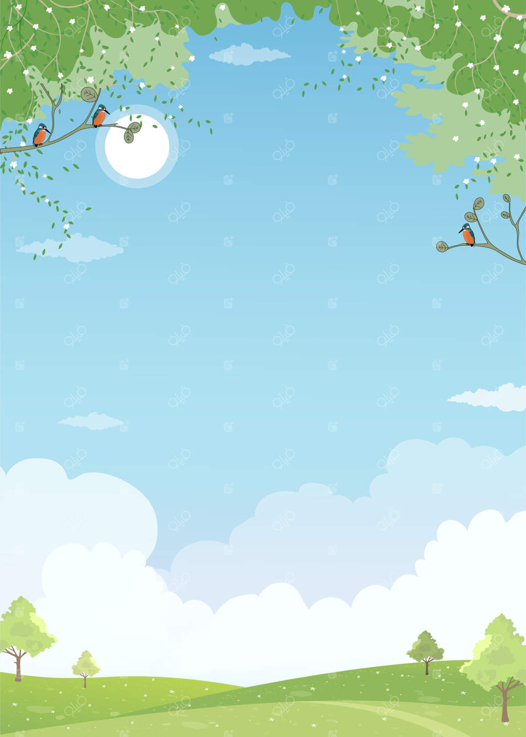 پس‌زمینه بهاری: منظره تابستانی باغ با آسمان آبی و ابر، خورشید، درختان جنگلی و چمنزار سبز در کوهستان؛ پارک طبیعی کارتونی زیبا با فضای خالی برای بنر پس‌زمینه عید پاک
