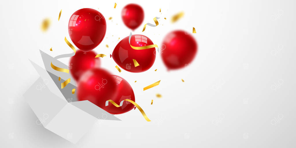 بادکنک‌های قرمز و تلألؤ کاغذهای طلایی برای پوستر رویداد و تعطیلات. پس زمینه جشن.