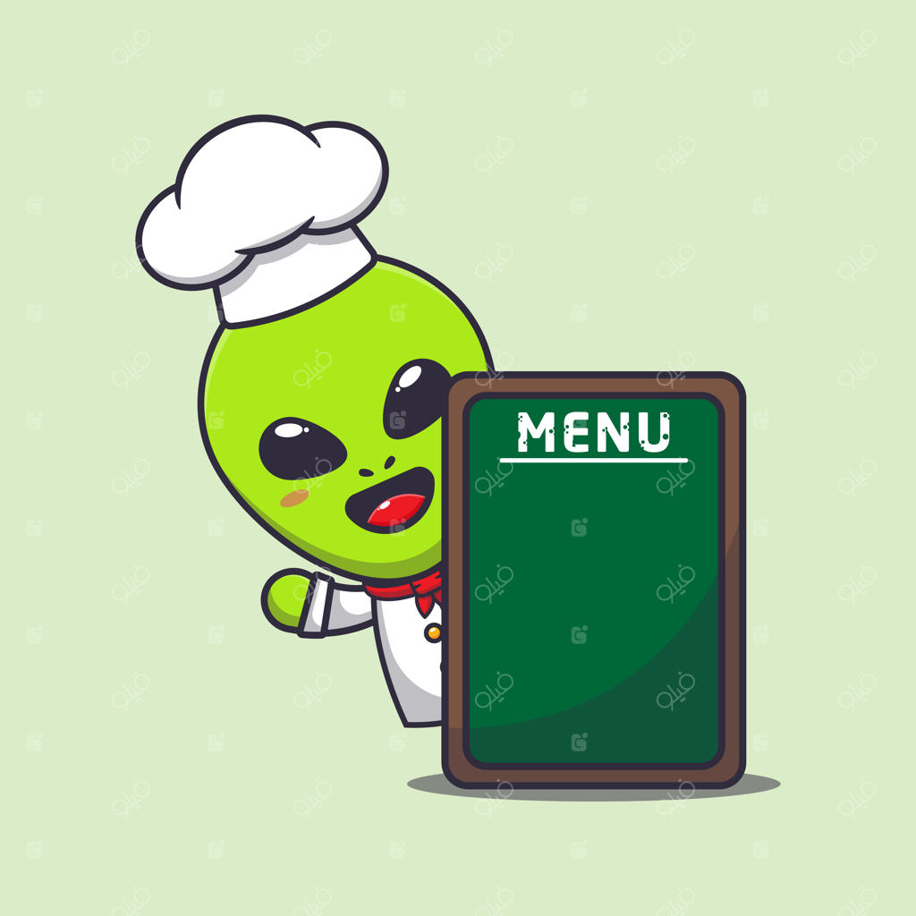 کاریکاتور بامزه سرآشپز فضایی با تخته منو - تصویرسازی وکتور