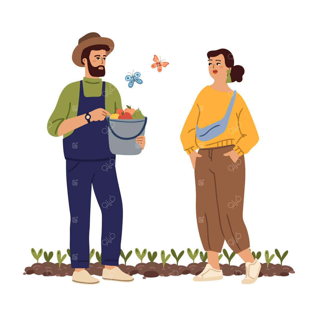 باغبان با سطل سیب مرد فروشنده باغ میوه و سبزیجات با دختر شهری و کشاورز سیب دوست‌داشتنی - شخصیت‌های کارتونی در حال معاشقه
