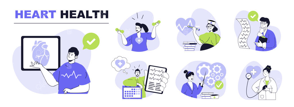 مجموعه طرح‌های مفهومی سلامت قلب برای طراحی وب؛ شامل تمرینات هوازی، اندازه‌گیری فشار خون، تحقیقات متخصص قلب و نوار قلب، تصویرسازی وکتور فلت در پس‌زمینه سفید