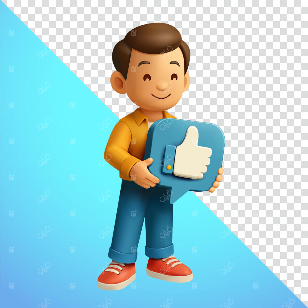 مردی که نماد لایک سه‌بعدی را نگه داشته است - مناسب برای شبکه‌های اجتماعی و تبلیغات