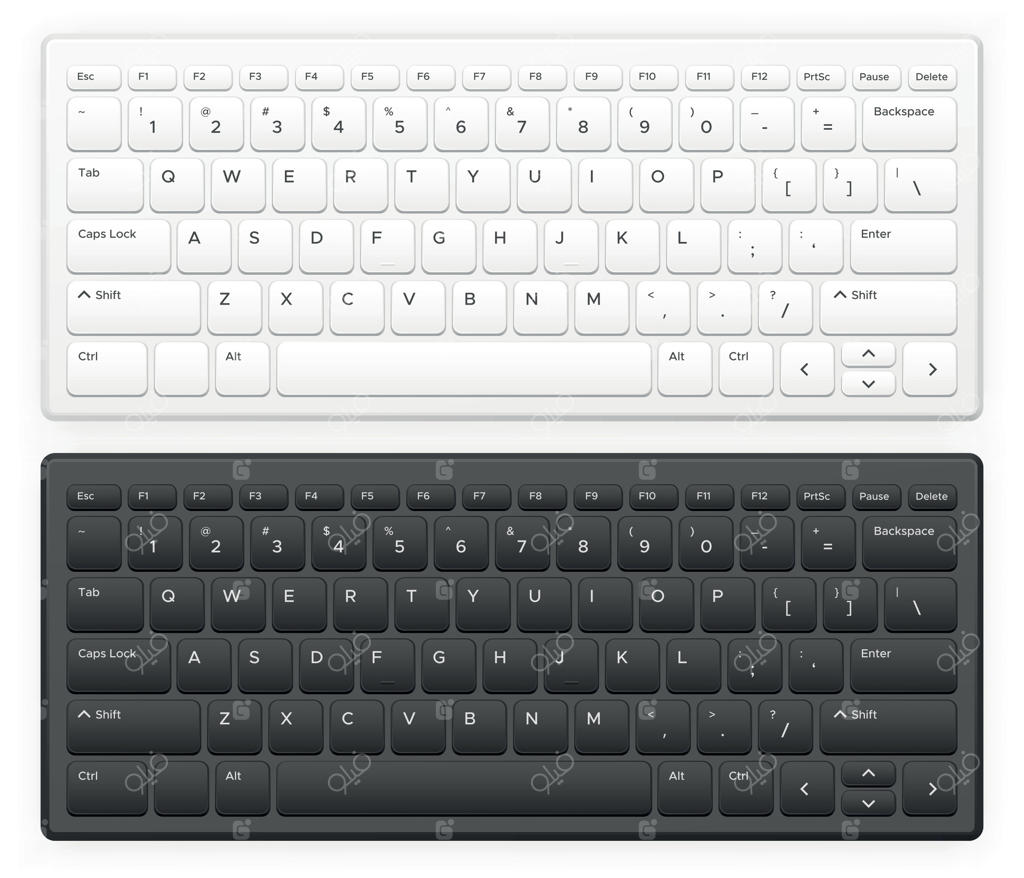کیبورد لپ‌تاپ: دکمه‌های کامپیوتر نوت‌بوک با حروف انگلیسی و چیدمان QWERTY - قالب وکتوری واقع‌گرایانه و ایزوله‌شده