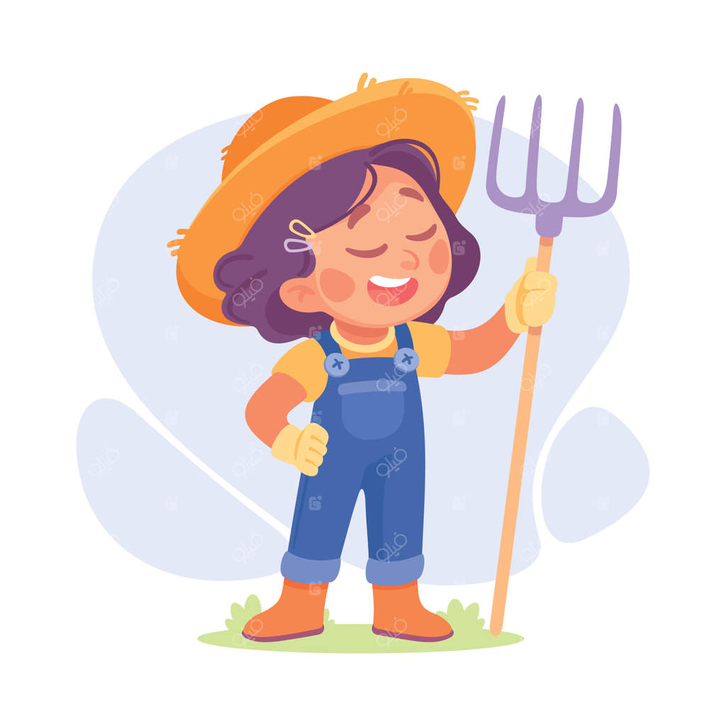 تصویر حرفه کودکی: دختربچه باغبان با کلاه و چنگک