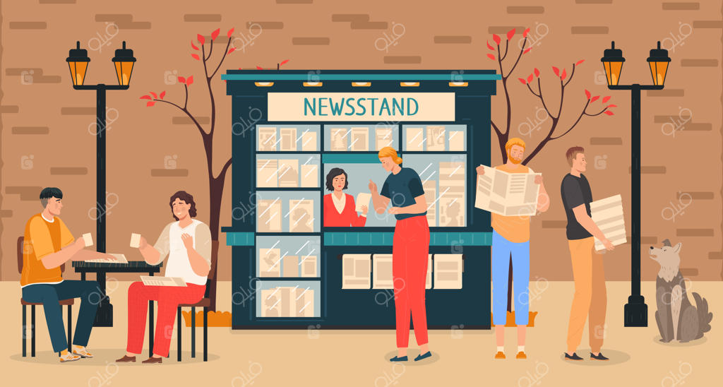 رسانه‌های خبری کسب‌وکار با مردمی که در دکه روزنامه‌فروشی اخبار و گزارش‌ها را مطالعه می‌کنند - تصویرسازی.