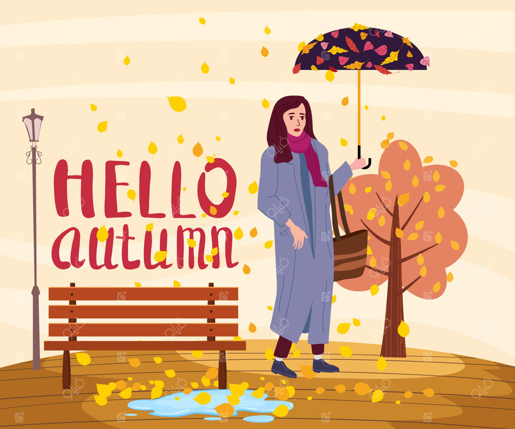 دختر جوان در پارک پاییزی شهر با چتر، لباس‌های مدرن و شیک زنانه، حال و هوای پاییز. نوشته: سلام پاییز