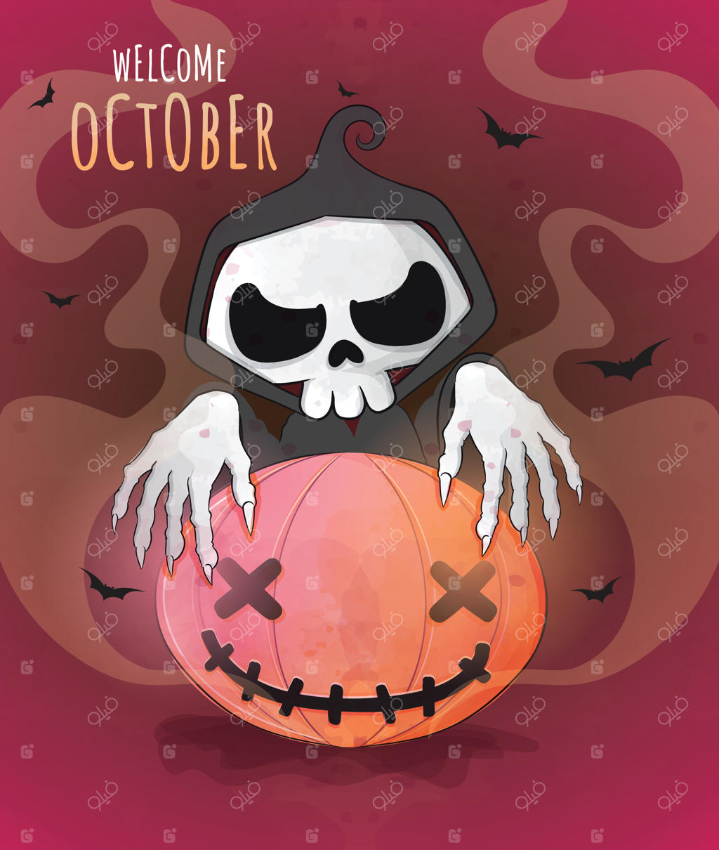 تصویرسازی هالووین شاد با فرشته مرگ بامزه - شخصیت کودکانه هالووین با آبرنگ بامزه