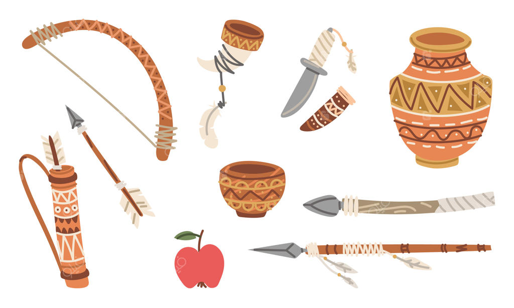 مجموعه‌ای از اشیای قبایل محلی شامل کمان و تیر، کوزه، چاقو، لیوان شاخی، بشقاب و کوزه نقاشی شده. تصویرسازی تخت و رنگارنگ. مناسب برای پروژه‌های فرهنگی یا آموزشی، دکور و طراحی.