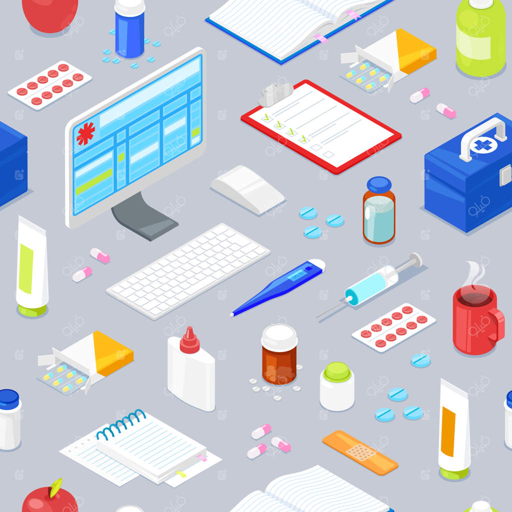 طرح یکپارچه با تجهیزات پزشکی روی پس‌زمینه خاکستری