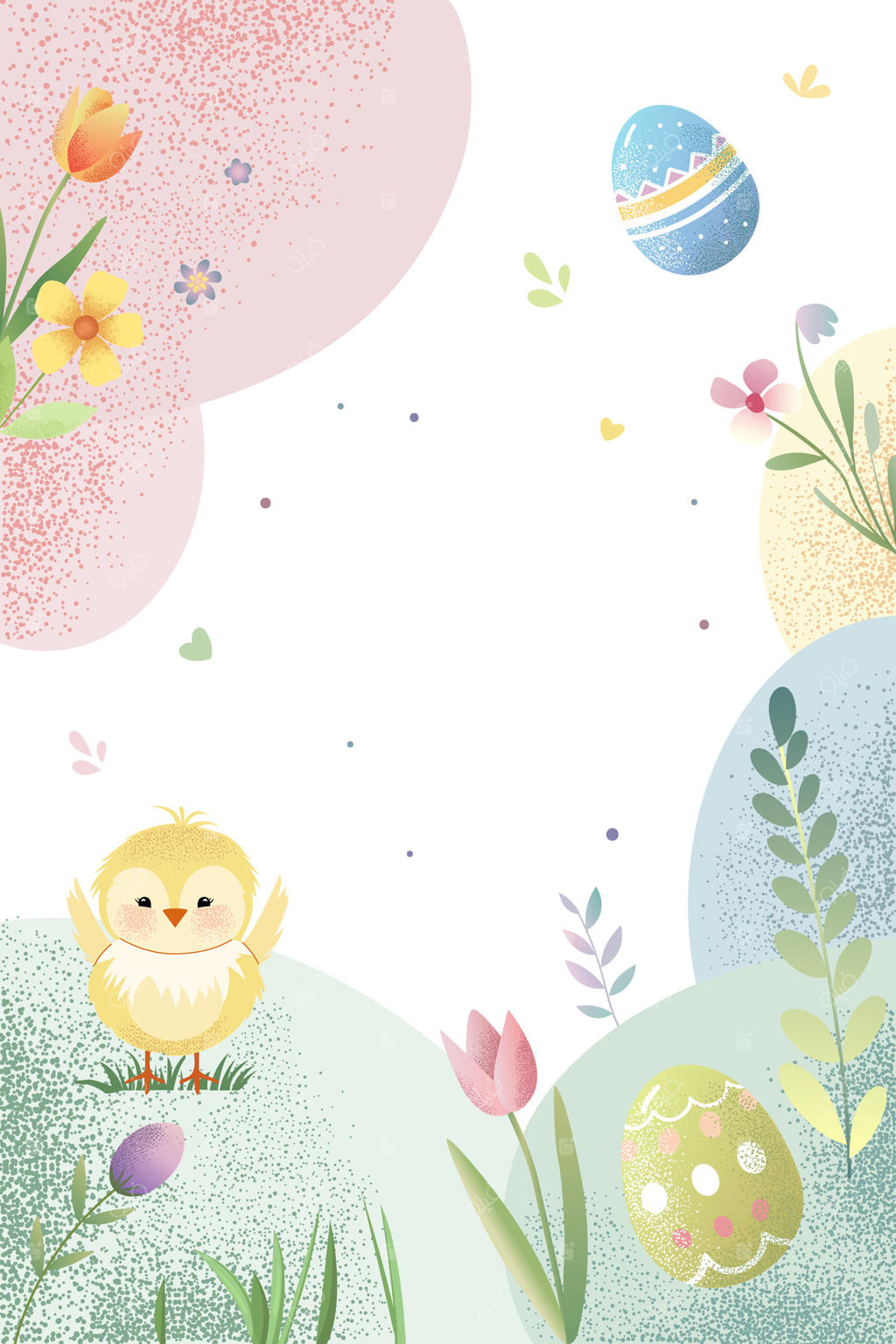 پس‌زمینه عید پاک با تخم‌مرغ‌ها، جوجه و لاله‌ها. الگوی بهاری. کارت تبریک بهاری با فضای مناسب برای متن.