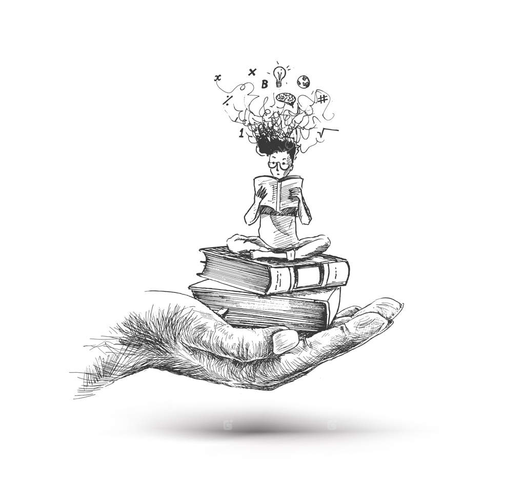 نقاشی دستی پسر نابغه با دست‌هایی پر از کتاب‌ها