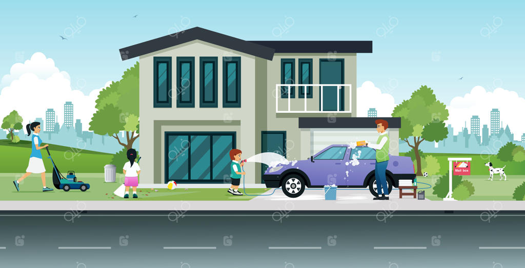 خانواده در حال کمک به تمیز کردن خانه و شستن ماشین هستند.