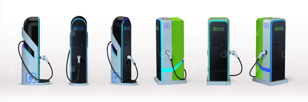 ایستگاه شارژ خودرو برقی: نمای واقع‌گرایانه از تجهیزات سه‌بعدی برای شارژ باتری خودرو با سوخت جایگزین و تکنولوژی انرژی سبز وکتور
