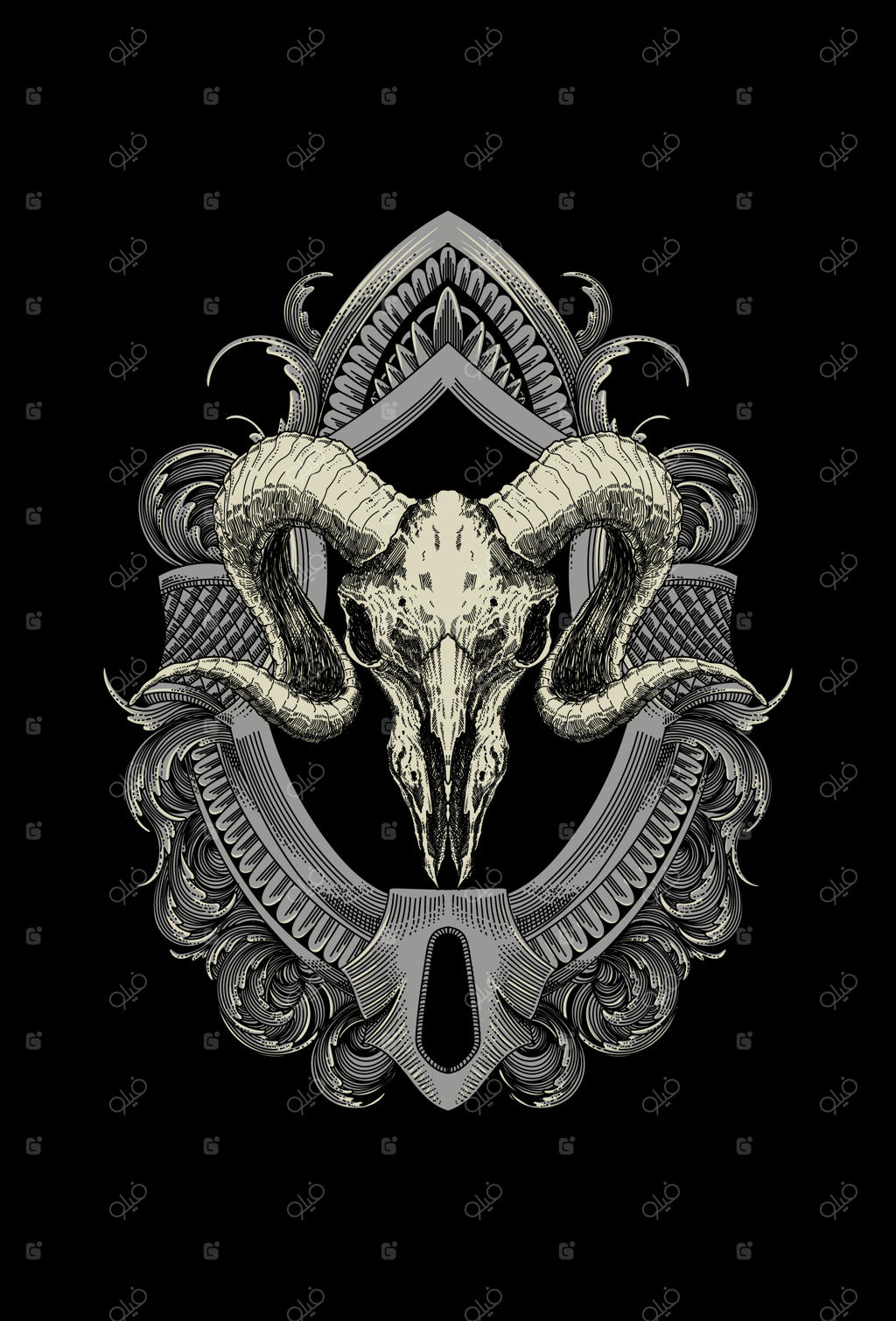 نقاشی جمجمه بز با طراحی تزئینی